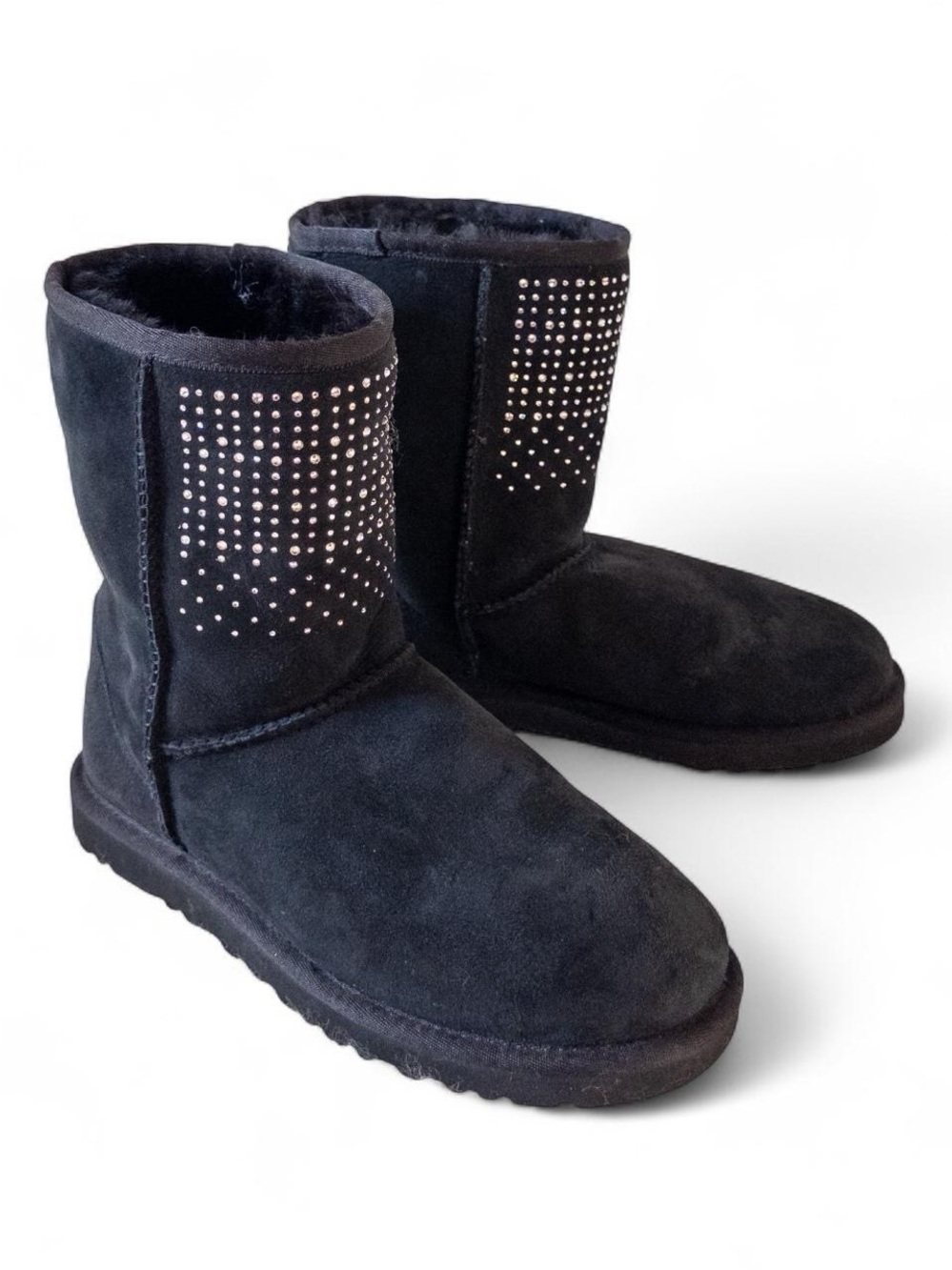 UGG Classic Short Black Suede Boots with Rhinestone Crystal Detail Size 8